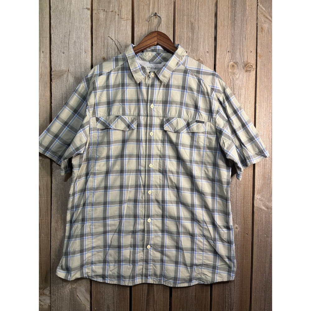 Columbia Omni-Shade Mens 1X Plaid Short Sleeve Hiking Fishing Shirt‎ Tan Blue